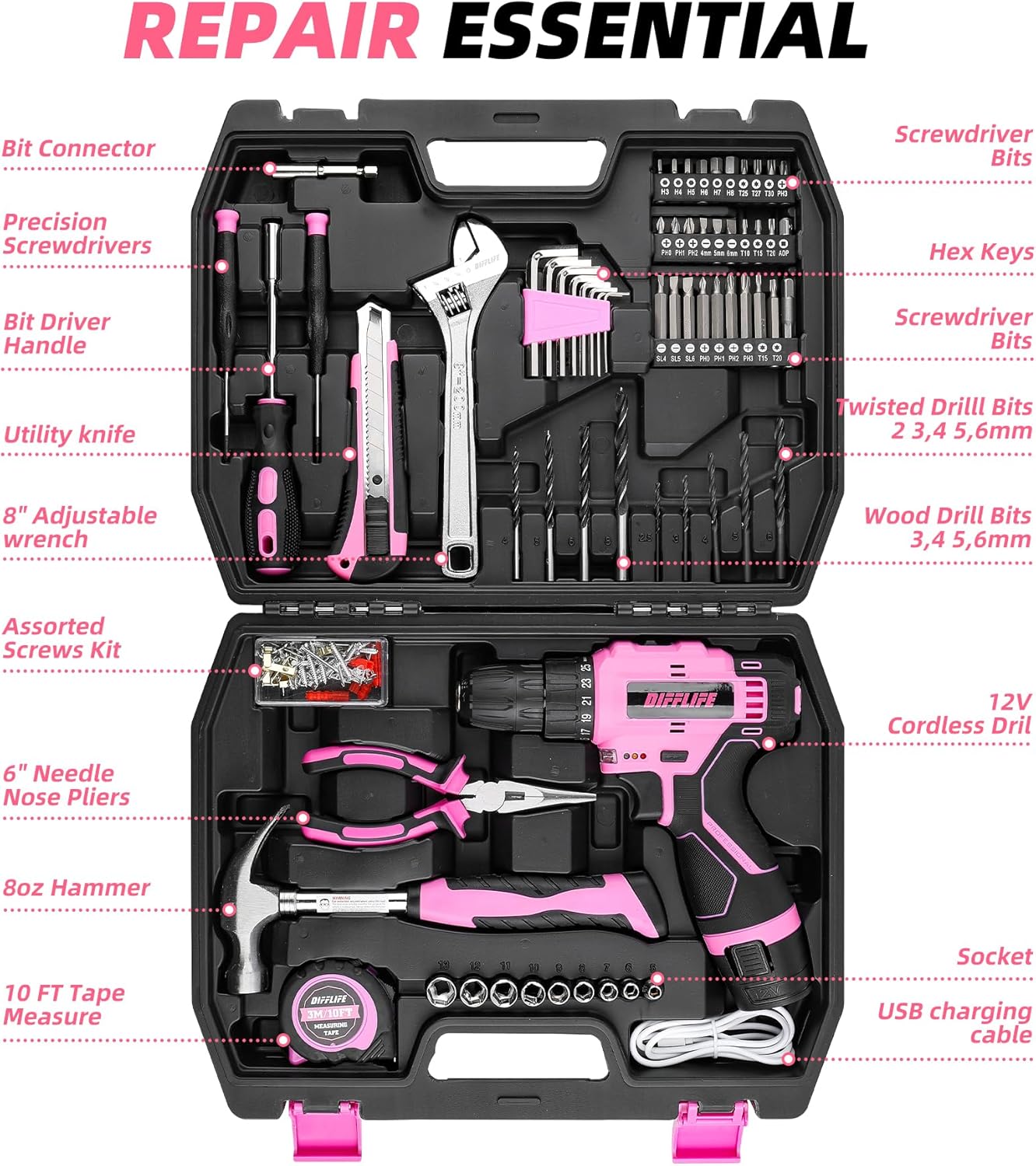 147 Piece Pink Power Drill Dri - Power Tools Pink recension och pris